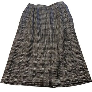 VTG Plaid‎ Linen Blend Midi Skirt Straight Pencil Black Preppy Twee Retro 14
